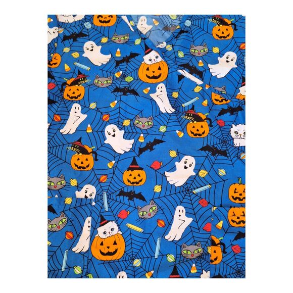 Halloween Scrub Top faux wrap tie back kittens jack o lanterns ghosts size Large - Picture 3 of 6